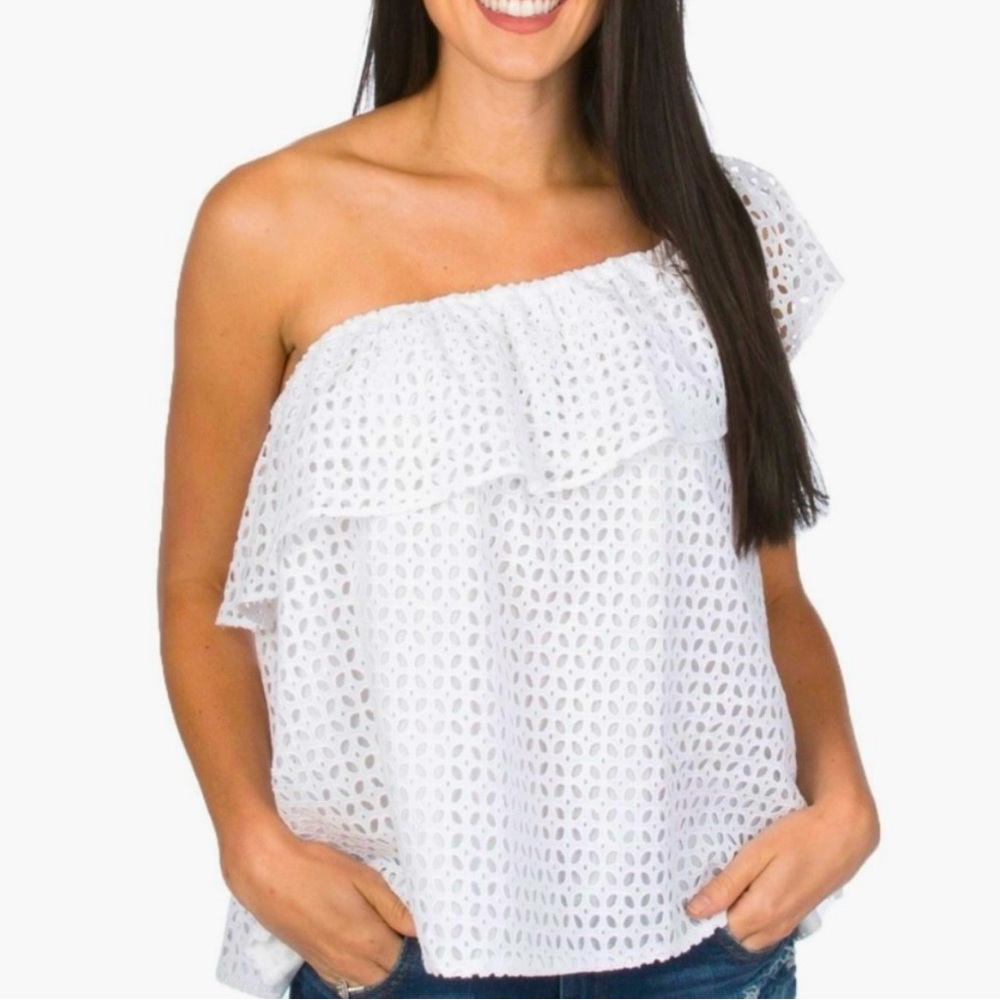 Lauren James Reagan Eyelet One shoulder Ruffle Top in White Large